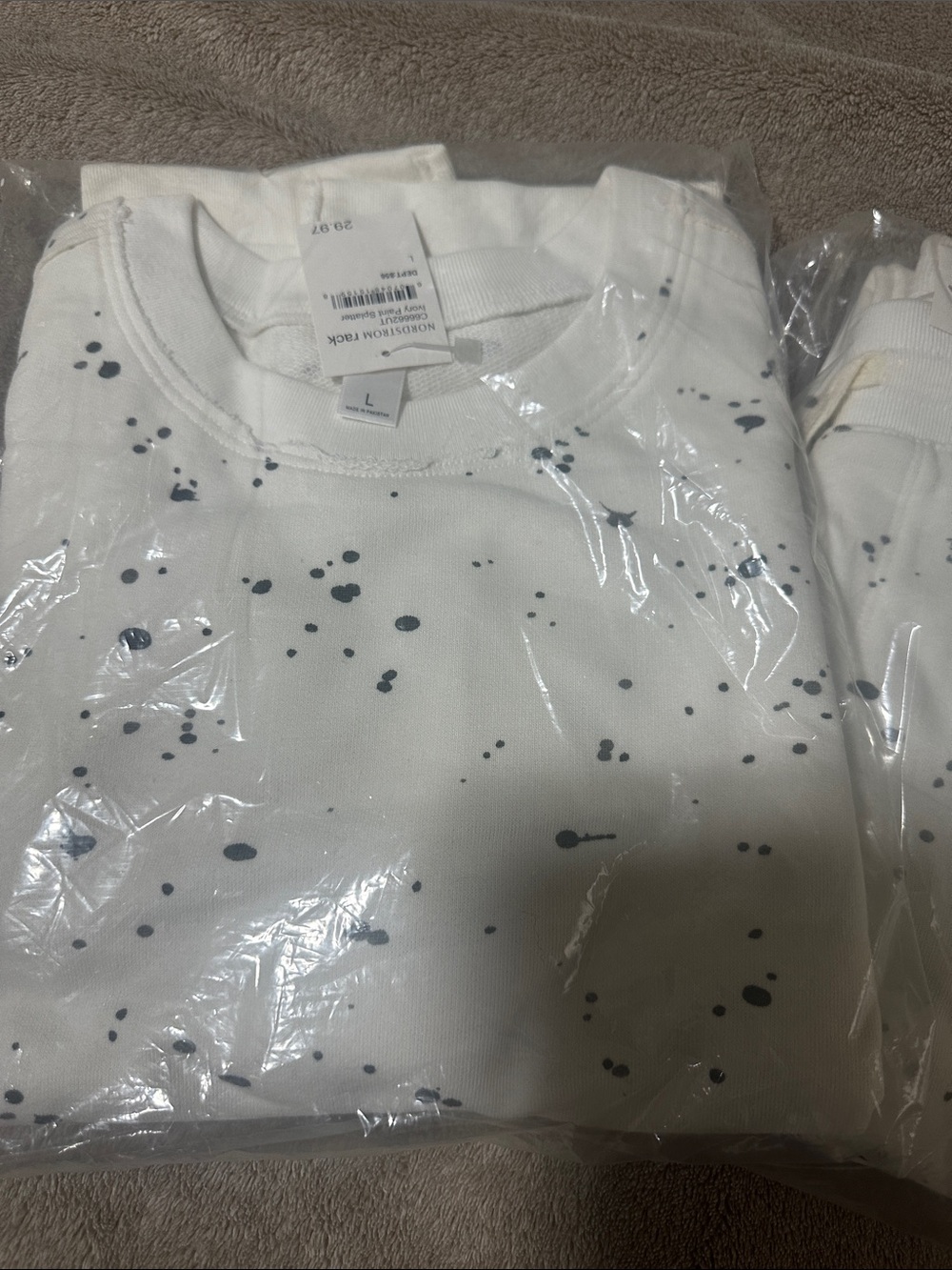 Nordstrom White womans Sweatshirt and matching sweatpants with black Splatter
